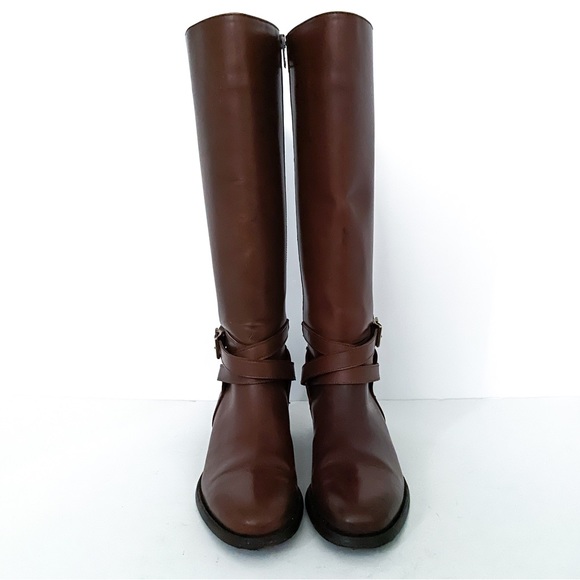 Burberry Adelaide Brown Leather Side Zip Strappy Gold Tone Buckle Riding Boots - Picture 2 of 12